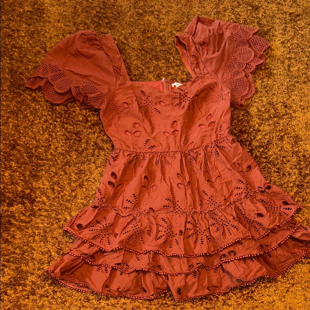 Just Me Rust Eyelet Tiered Mini Dress